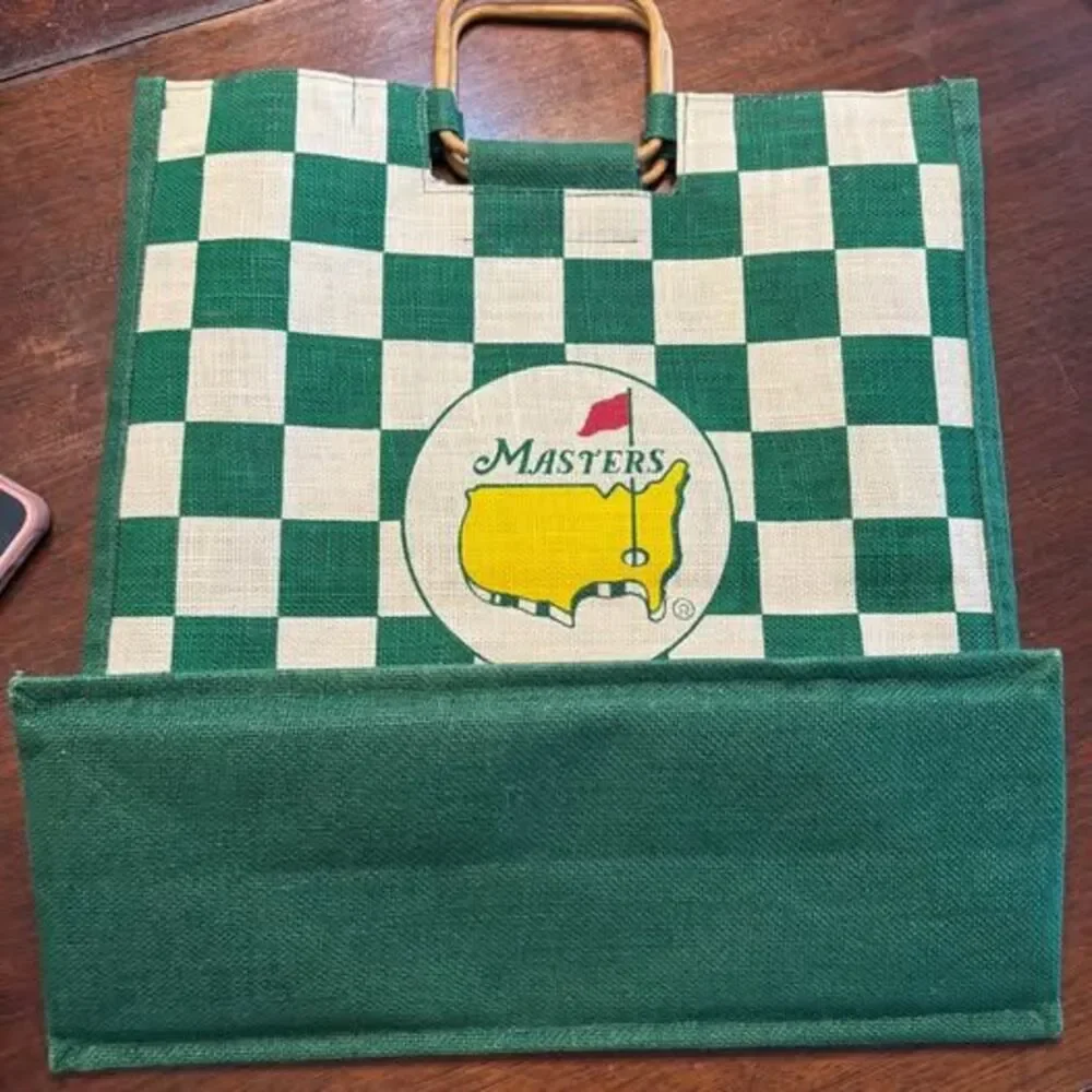 Masters Tournament Jute Tote Bag - Green/White Checkered with Bamboo Handles